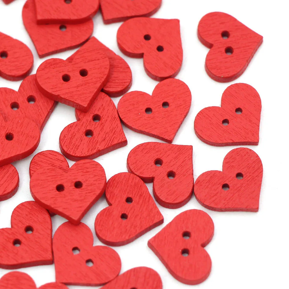 50Pcs Red Heart Decorative Button Love Shape Wooden Buttons for Baby Clothing Craft Supplies Sewing Accessories 12mm*15mm