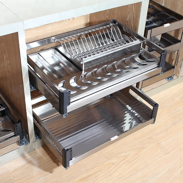 Luxury Kitchen Accessories Stainless Steel Kitchen Cabinet Pull Out Basket With Plate Holder
