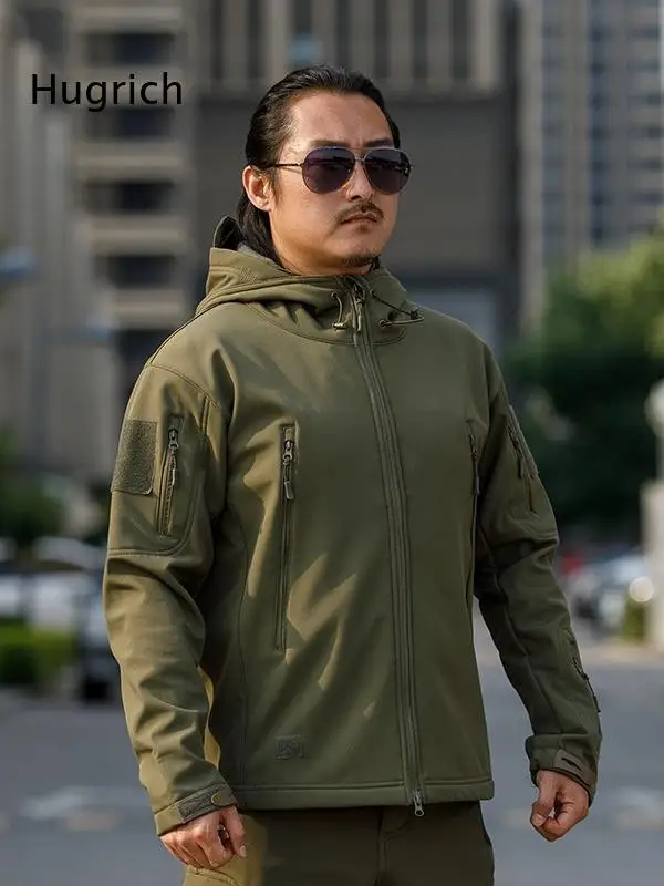 Mens Hooded Softshell Tactical Jacket Full Zip Up Wind Resistant Multipockets Hiking Trekking Casual Coat