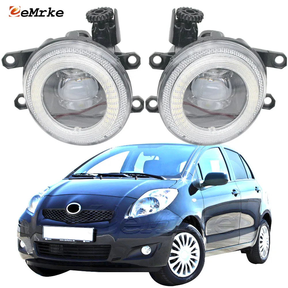 LED Fog Lamp Assembly + Angel Eye Halo Daytime Running Lights DRL Ring + Lens for Daihatsu Charade Vitz Yaris P90 2011 2012 2013