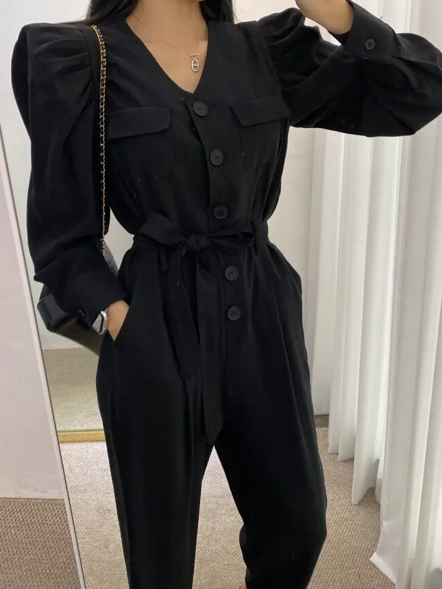 Women's Bubble Sleeve Jumpsuit Double Pockets round Neck Half Button Loose Waist Cinching Straight Leg Long Pants Trendy Kore...