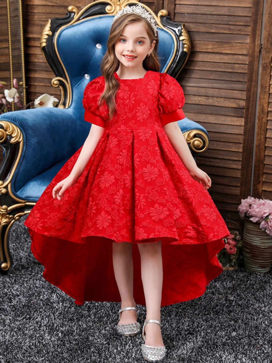 Trailing Princess Dress Girls' Weekend Dress Bubble Sleeve Children's Dance Performance Dress#5818