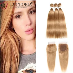 Blonde 27 Color Straight Bundles With 4x4 Lace Closure Hair Brazilian Remy Human Hair 3 Bundles With Lace Closure Euphoria