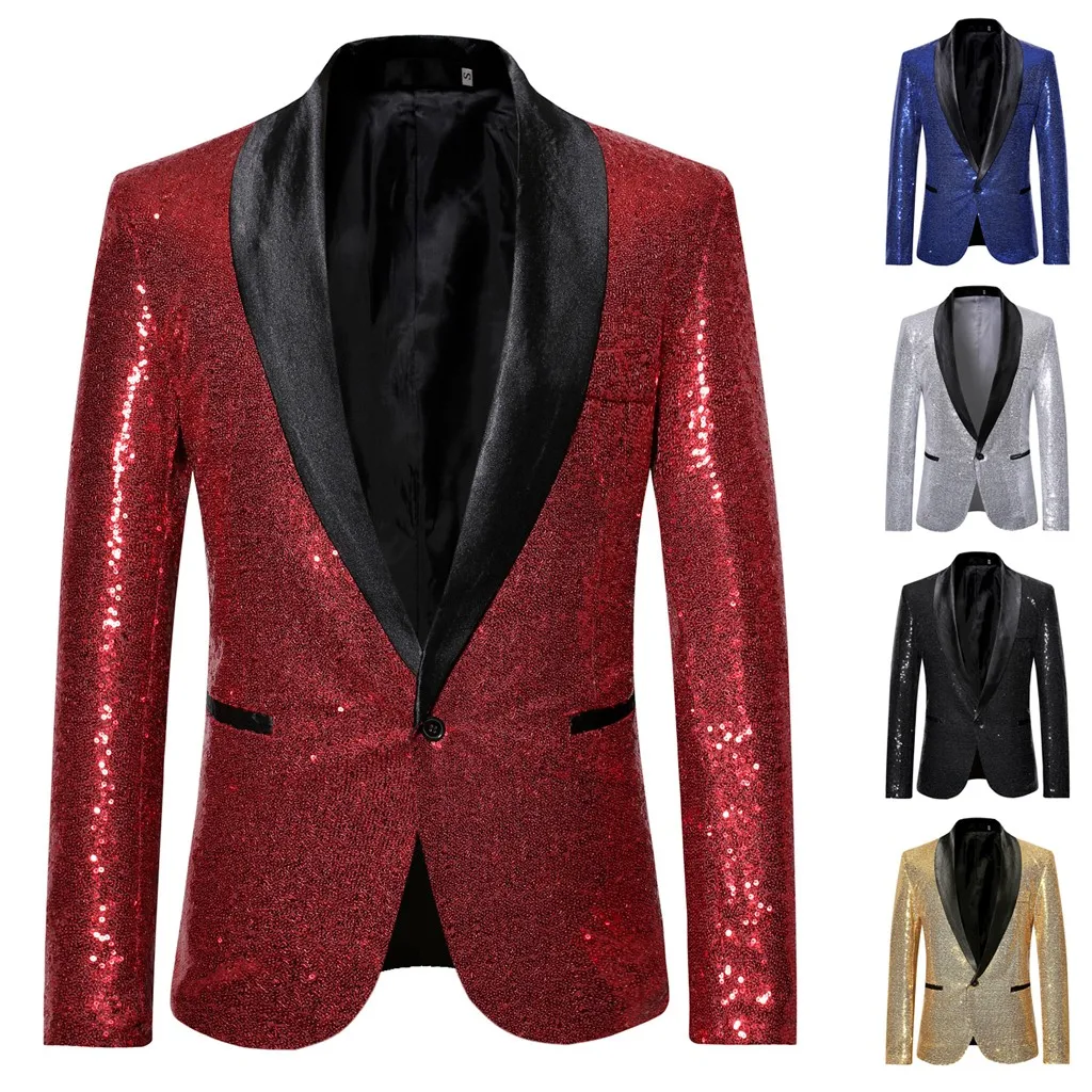 Giacca Blazer impreziosita con paillettes in oro lucido giacca da uomo Nightclub Prom Suit cappotti Costume da uomo Homme Stage Clothes per cantanti