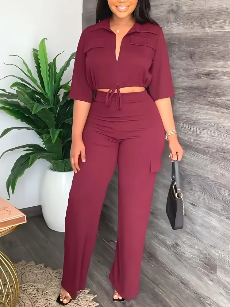 Elegant Office Women Two Piece Sets Autumn V Turn-down Neck Half Sleeve Drawstring Lace Up Short Shirt + Wide Leg Trousers Set