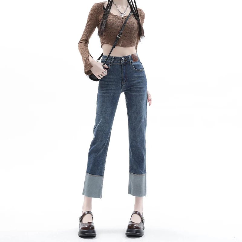 

Прямые джинсы с высокой талией, женские ретро французские хлебные рулеты, весенне-осенние утягивающие брюки большого размера с девятью трубкой