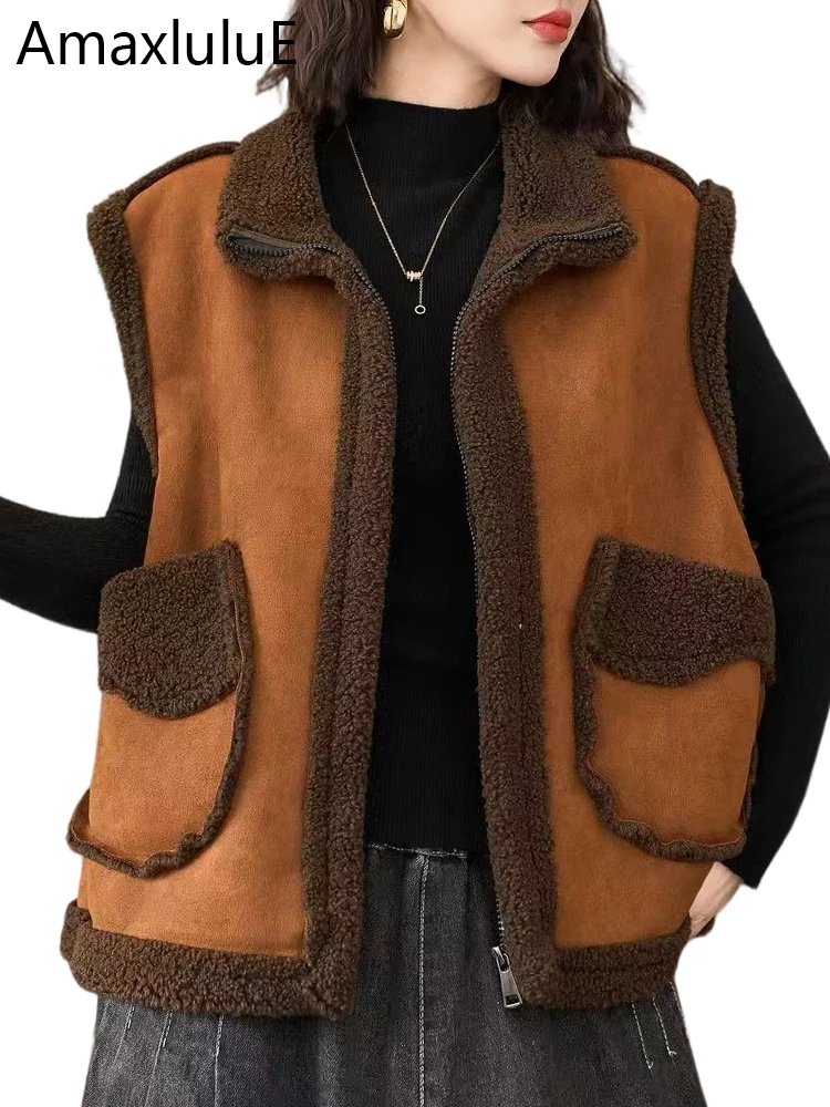 Amax LuluE Gilet invernale coreano Moda donna Cappotti senza maniche in pelle scamosciata calda 2025 Gilet vintage casual allentato classico da donna