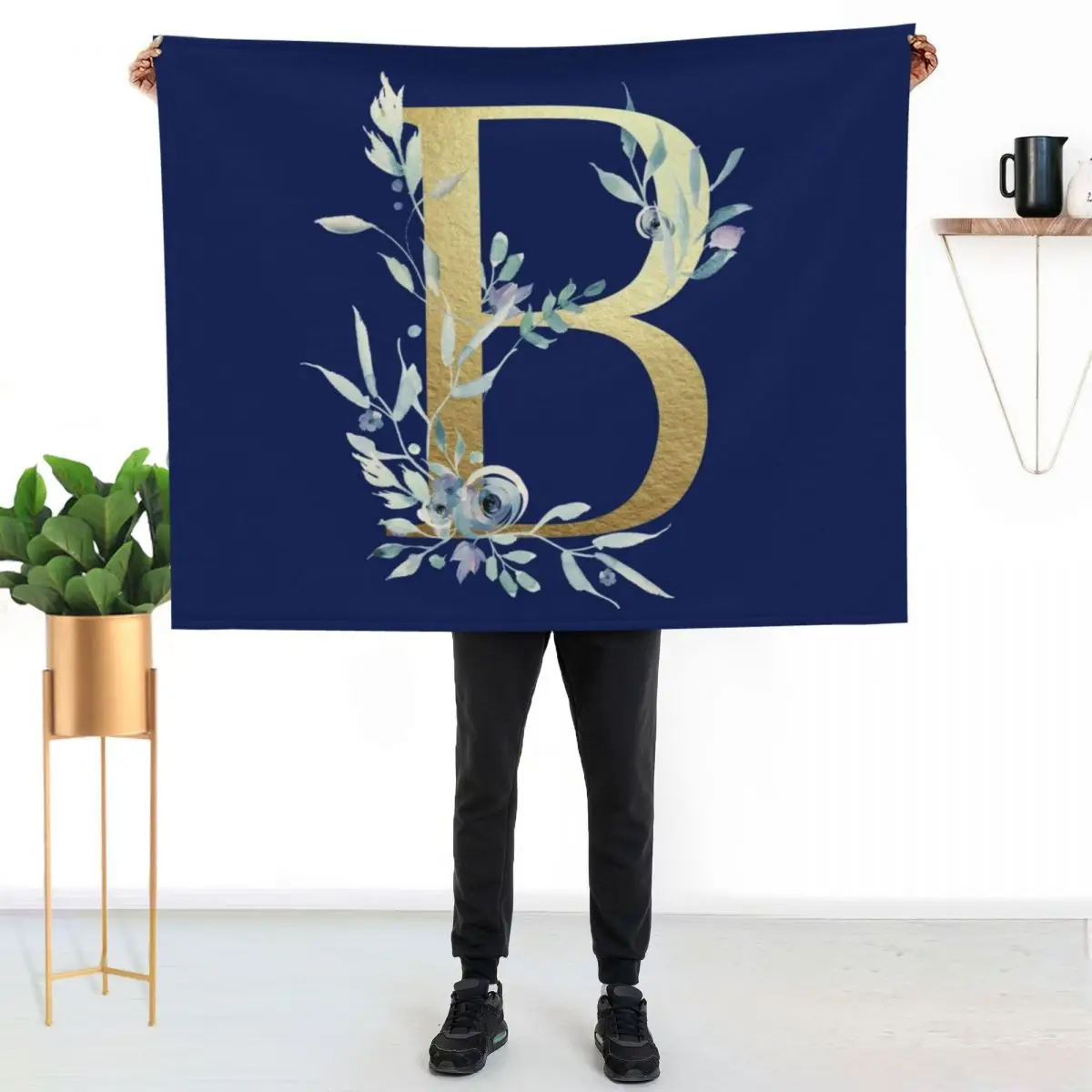 B - Gold Monogram Letter with Watercolor Flowers Throw Blanket Bed Hairy Luxury Throw sofa bed Blankets