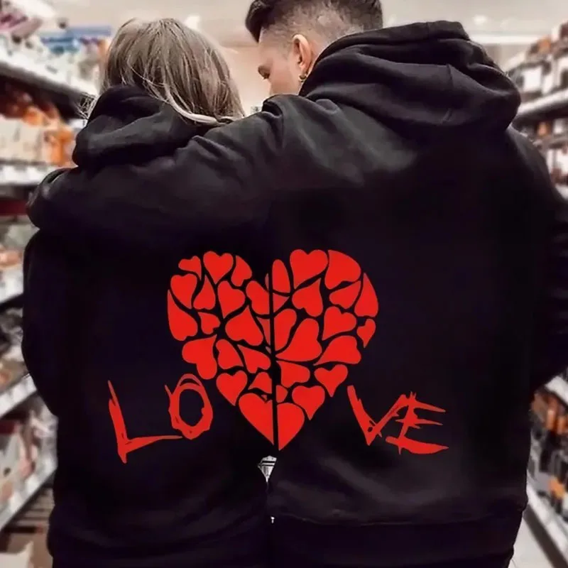 Love Heart Printed Couple Hoodies Loose Oversized Women Men Sweatshirt Lovers Couples Hooded Long Sleeve Tops Casual Pullovers