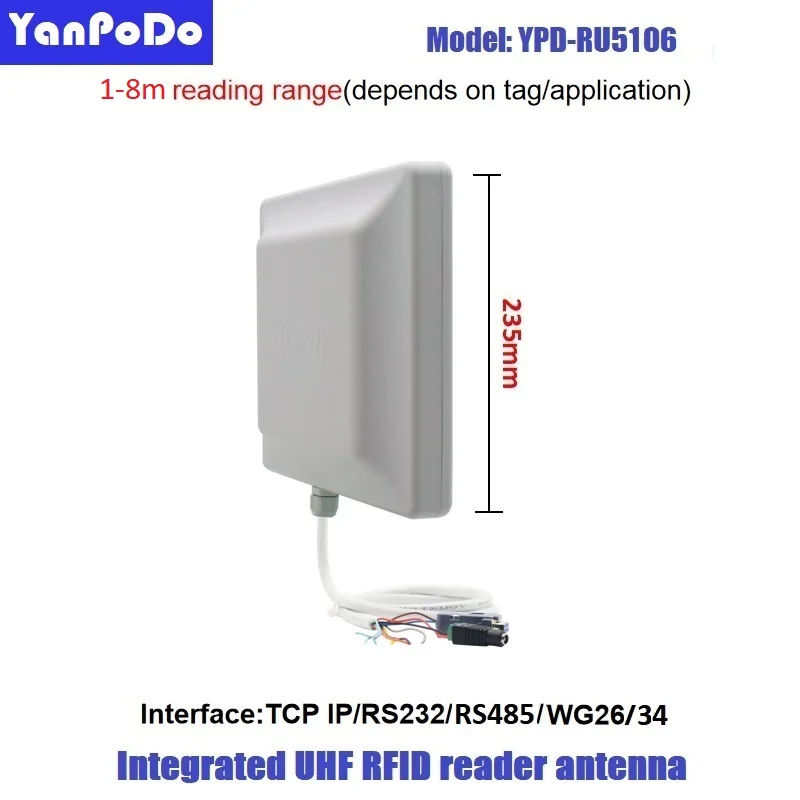 Yanpodo Gen2 uhf rfid reader integrated antenna 7dBi long range 1~8m with RS232 RS485 WG26 TCP/IP access control free C++ sdk