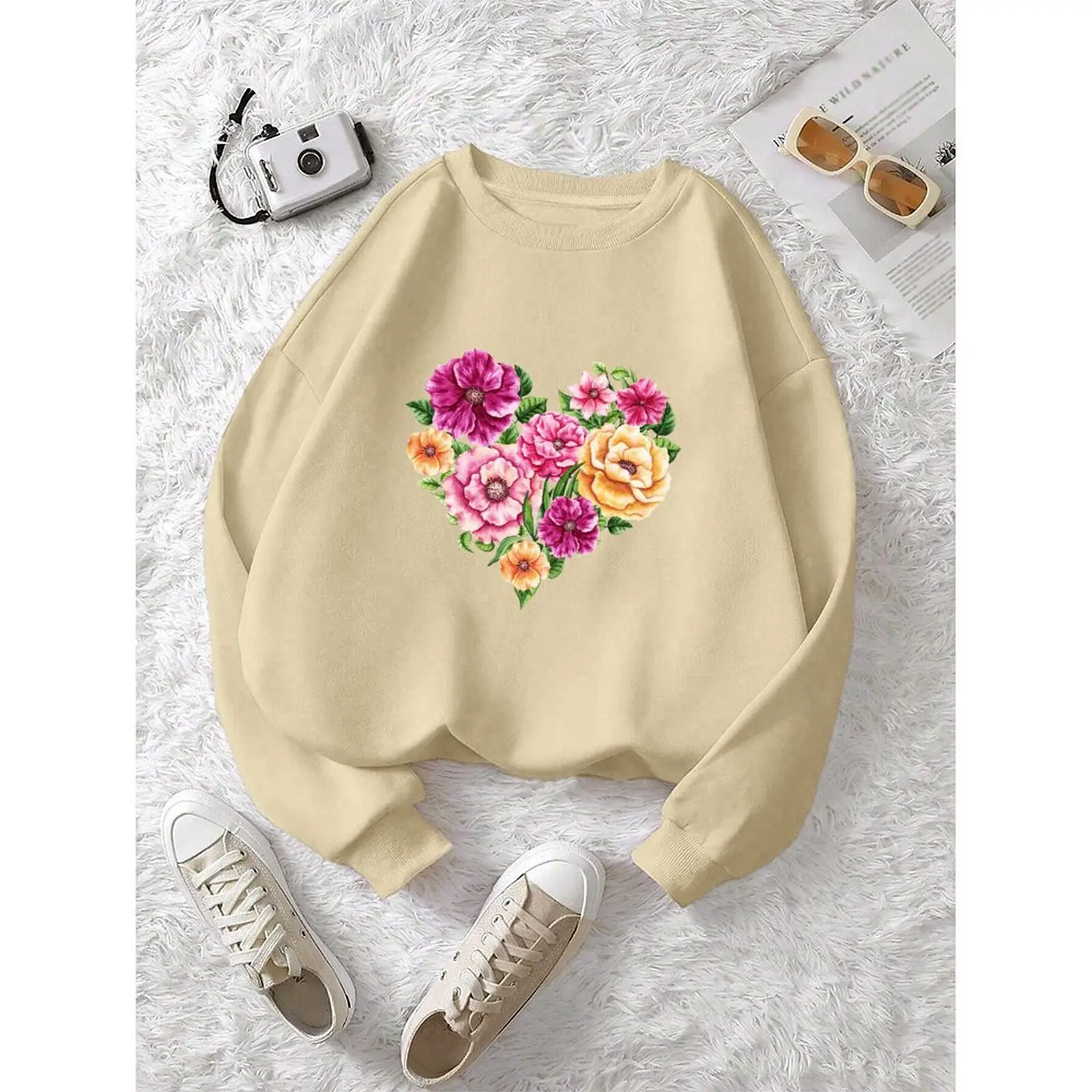 เสื้อสเวตเตอร์กำมะหยี่ คอกลม แฟชั่นฤดูใบไม้ร่วง-ฤดูหนาว สภาพใหม่เอี่ยม สไตล์ลำลอง แขนยาว ลายพิมพ์