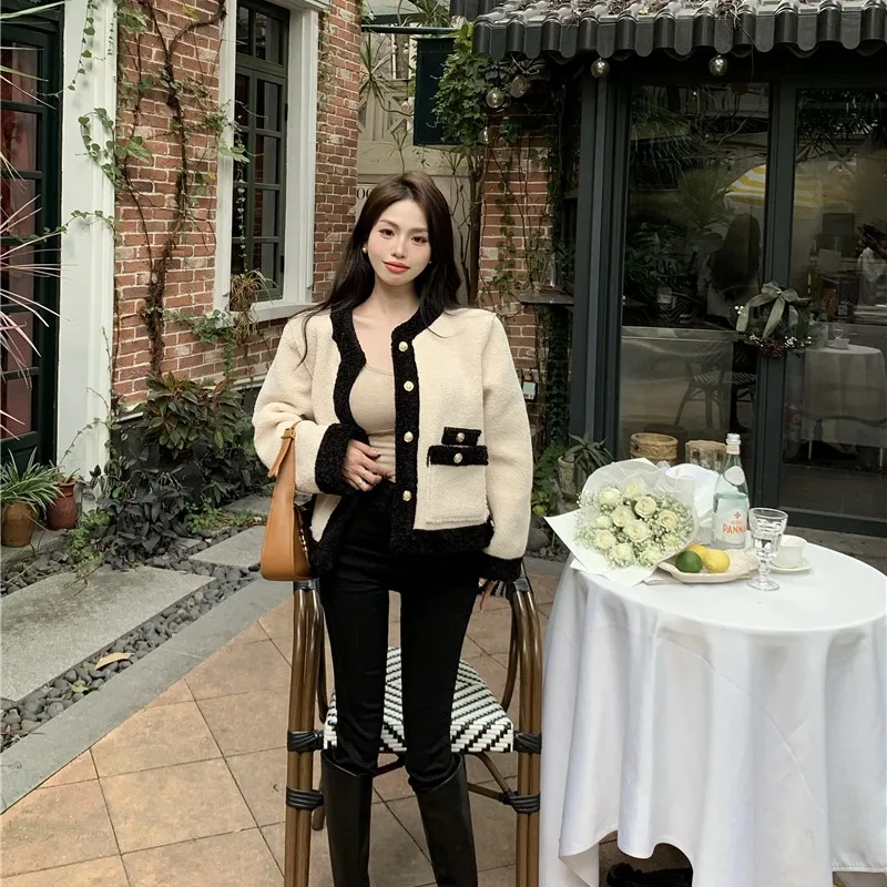 لون Blo Lamb Fur ort Jaet Thi ملابس خارجية دافئة لخريف وشتاء جديد Sle صغير Fraance Wind Top للنساء