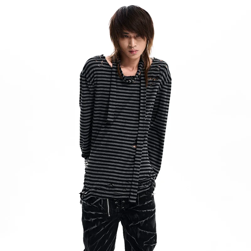 LUZHEN 2026 New Original Personalized Wornout Design Stripe Printed Long Sleeve T-shirts Men Elegant Handsome Casual Tops JY9076