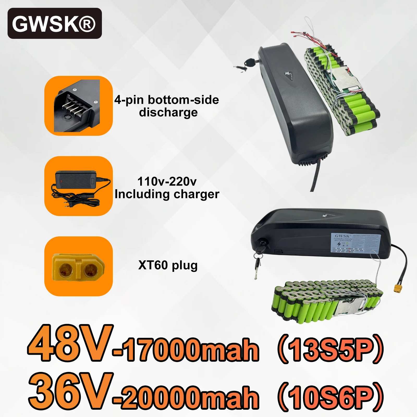 

100% full capacity 18650 Hailong 4-pin battery, 36V 48V17AH-20AH lithium battery pack, suitable for mountain bikes