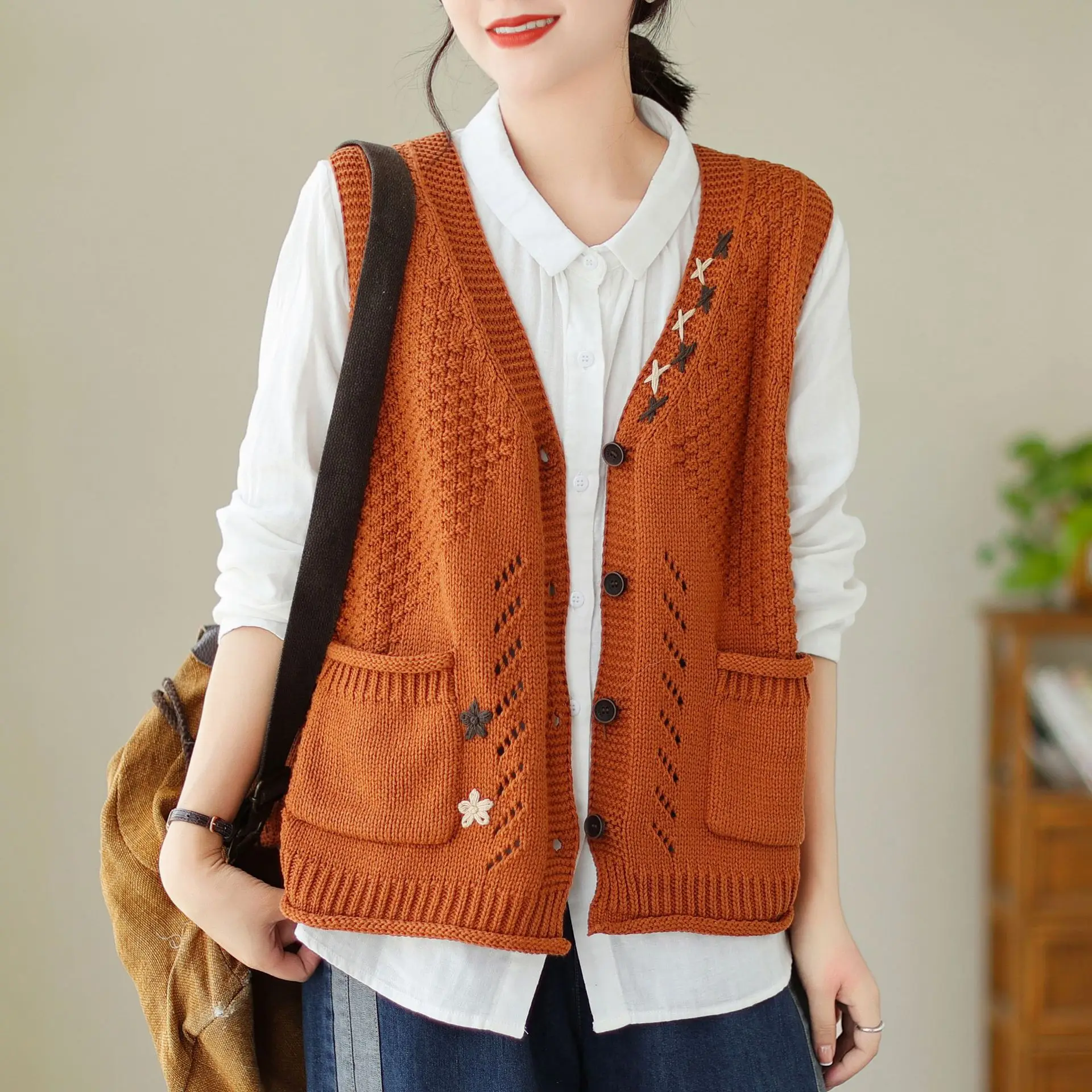 Women's Knitted Vest Loose Outerwear Retro Style Layering Top Spring Autumn Winter Artistic Shoulder Pad Design Polyester Fabric