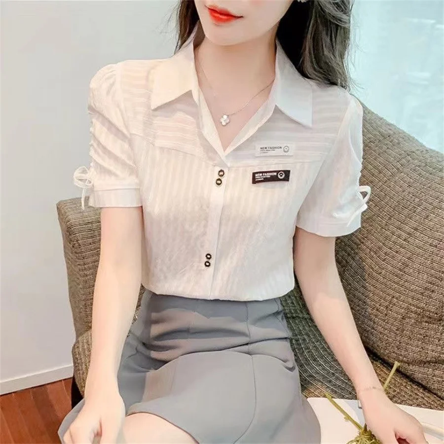 Woman Summer Style Blouses Shirts Lady Casual Short Sleeve Turn-down Collar Solid Color Blusas Tops DF4392