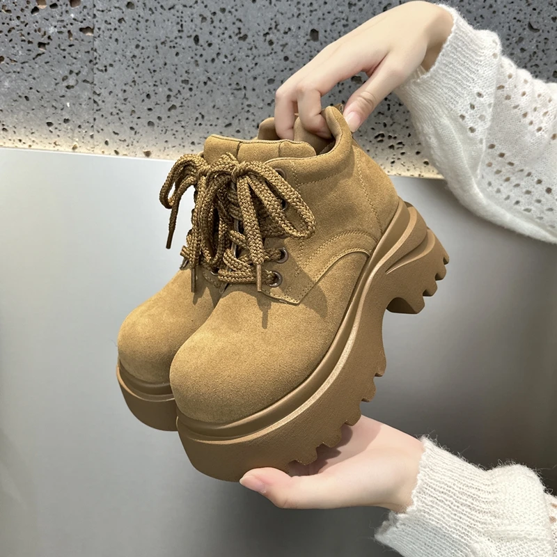 

New Women's Ankle Boots Thick-soled Lace-up Work Women's Short Boots Fashion Big Head Casual Leather Shoes Сапоги Трубы Женские