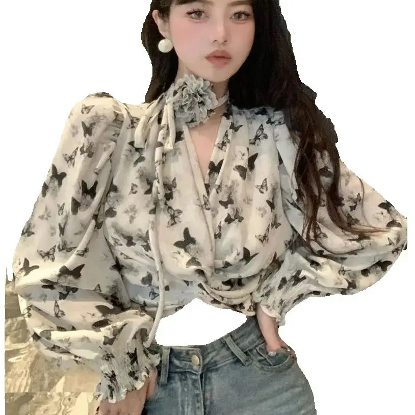 French Retro Butterfly Print Twisted V-Neck Chiffon Shirt With Waist Slimming Temperament Long-Sleeved Shirt Women