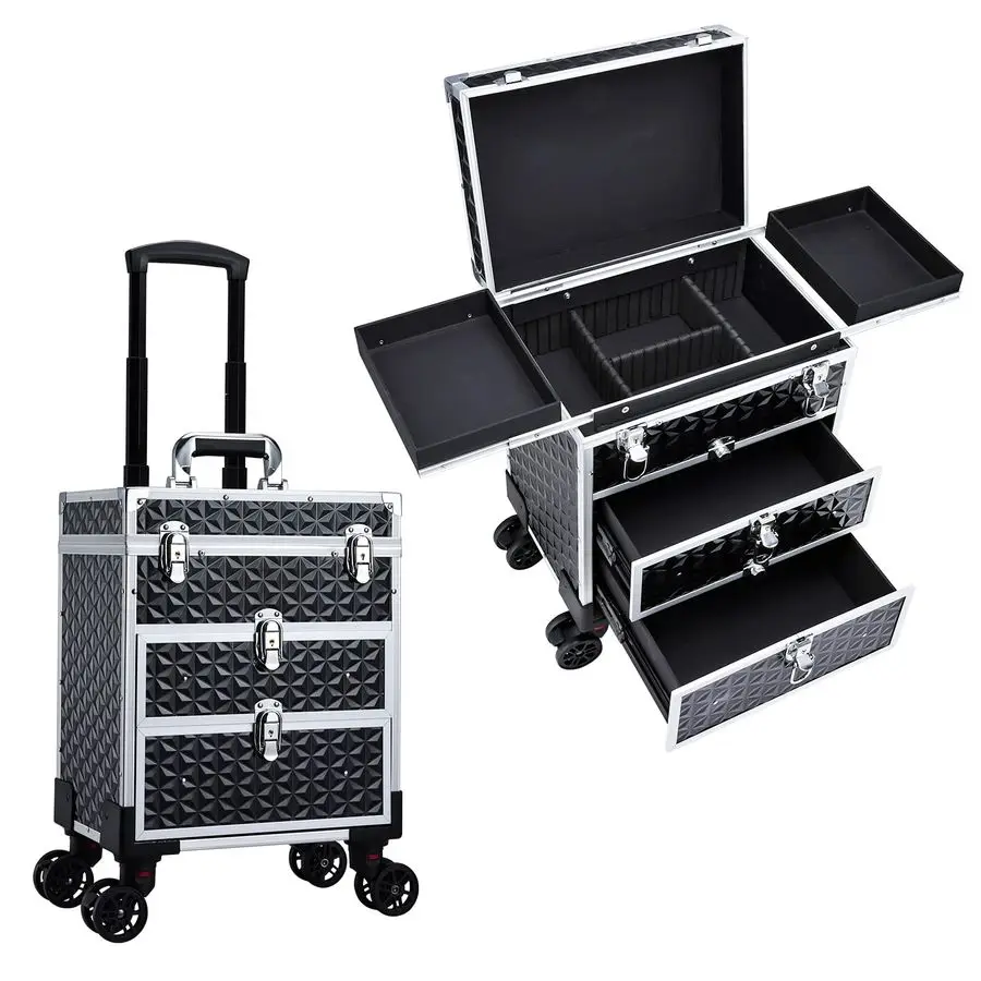 

Professional Rolling Makeup Case Aluminum Trolley Train Case with 360 Swivel Wheels for Makuep Artist Travel Cosmetic Organizer