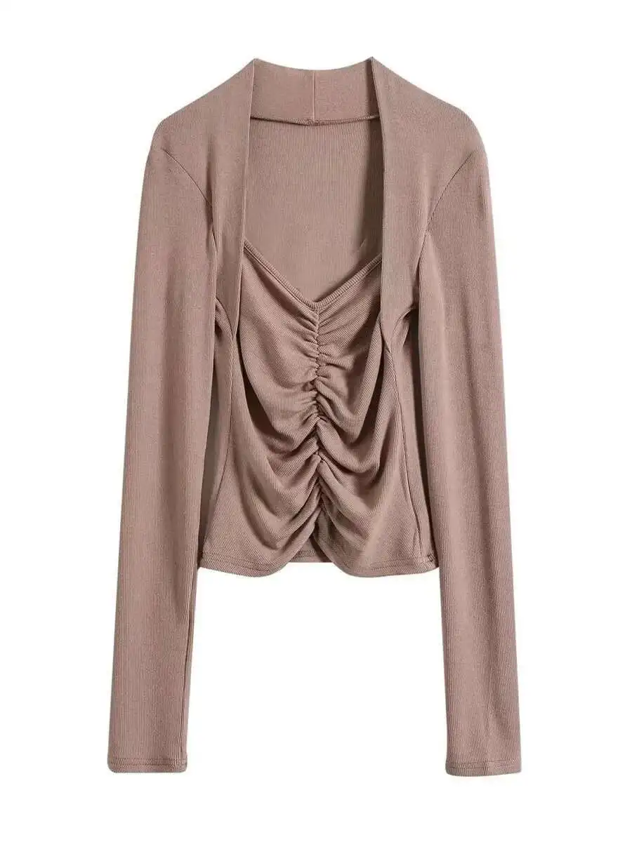 2024 Autunno Nuovo Ragazza Piccante Nicchia Design Senso Scollo A V Falso in Due Pezzi Manica Lunga Cinching Vita Solido Sottile Maglia Pullover NLB0