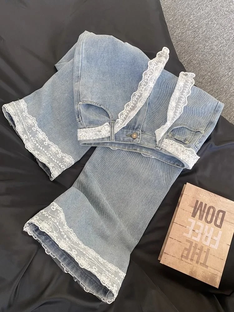 Calças de Denim de Cintura Alta com Detalhes em Renda Retro Americana para Homens e Mulheres Moda de Verão Calças Largas e So...