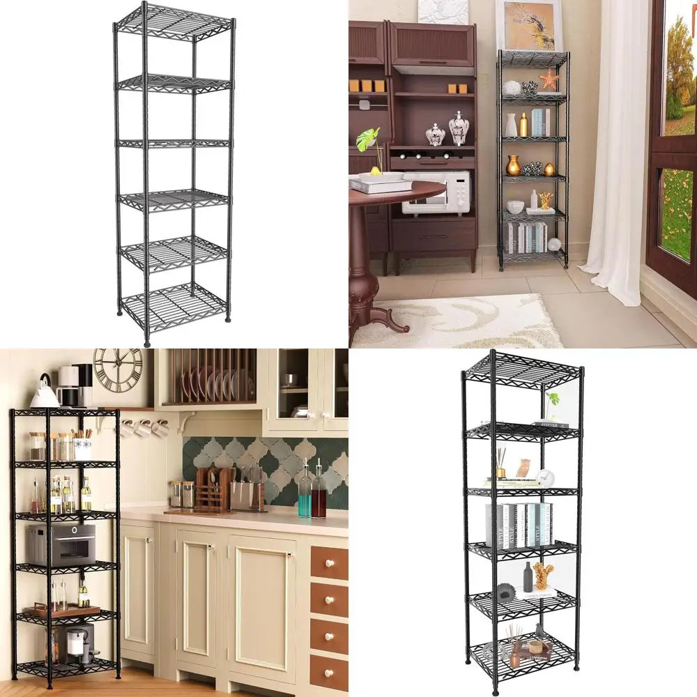 

6-ярусный регулируемый металлический стеллаж, проволочная полка для кухни, кладовой, прачечной, ванной, 16.6x11.8x63, черный