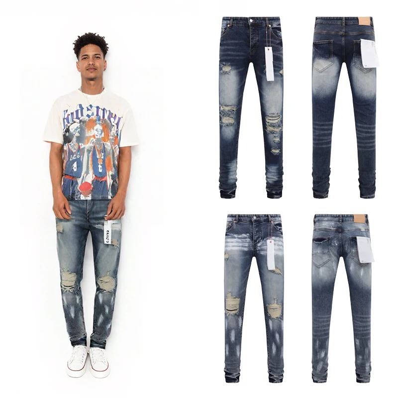 

American Retro Washed Ripped Jeans Purple Jean Men Hip Pop Street Wear Fashion Style Four Season Washing Old Blue Trousers Male