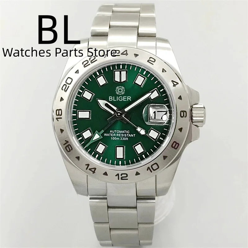 BLIGER 40mm/43mm GMT Watches 10Bar Waterproof Sapphire Glass Black Blue Green Dial C3 Luminous steel Jubilee Relogio Masculino