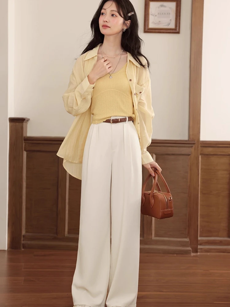 

ALXNAN Women's Pants Straight Wide-leg Office Lady Baggy Pants Autumn Light Apricot Lace-paneled Waist Casual Trousers L56771