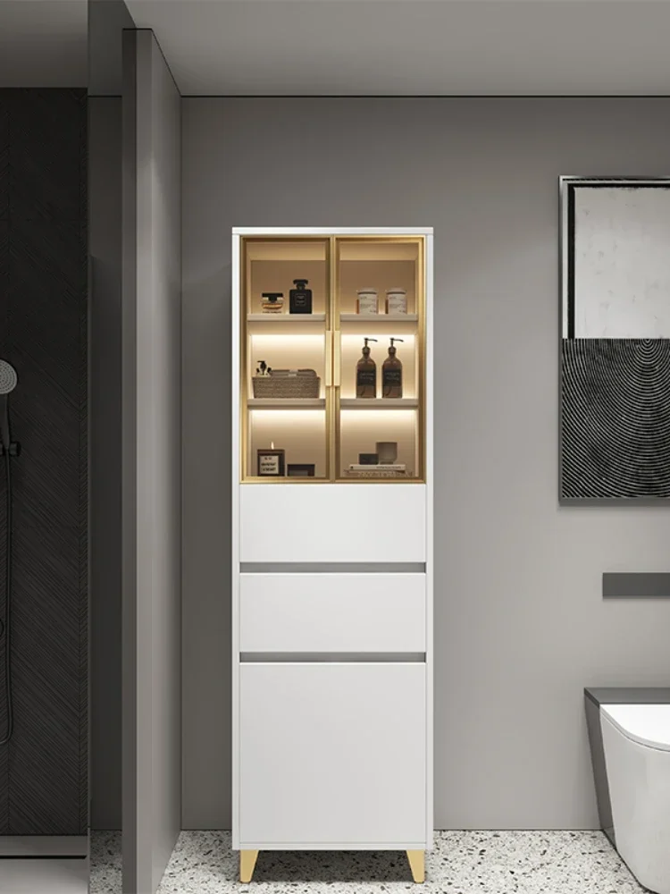

Bathroom Side Cabinet Waterproof Solid Wood Living Room Tall Narrow Multi-layer Storage Rack Floor Locker