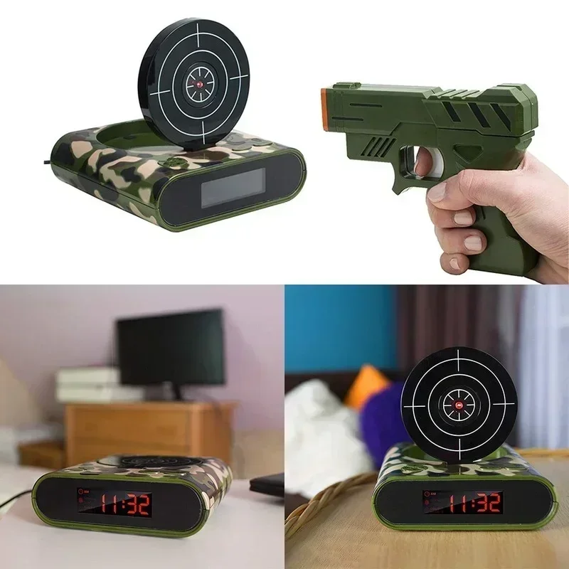 1 Set Gun Alarm Clock Shoot Alarm Clock Recordable Gadget Target Desktop Digital Bedside Table Alarm Clocks Gift