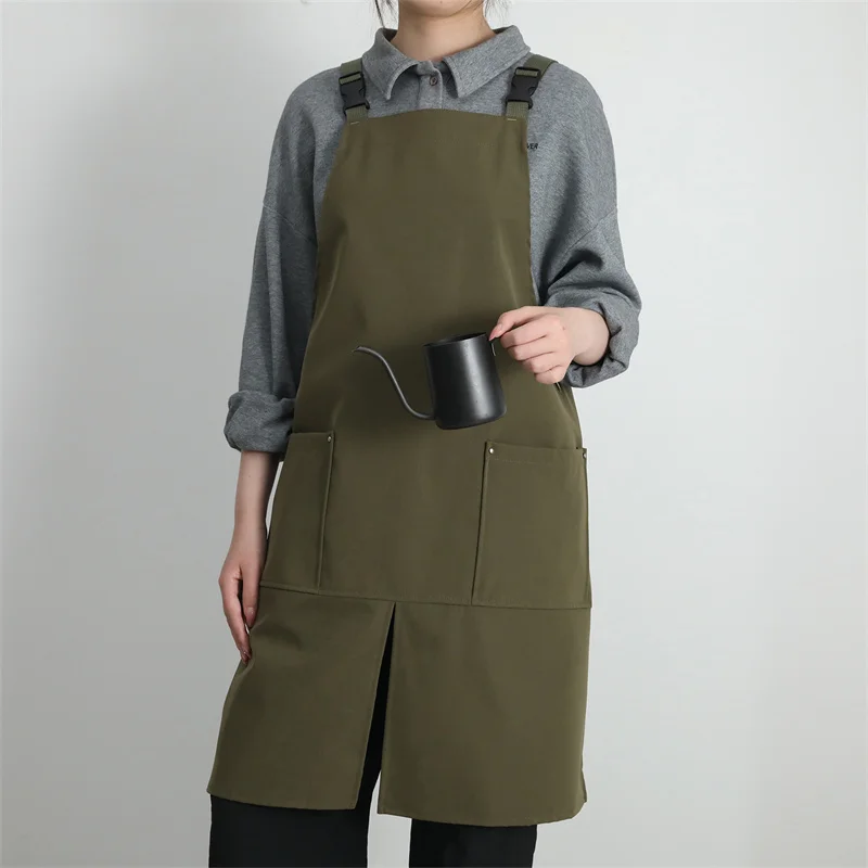 1 Pc Coffee Shop Kitchen Work Waterproof Apron With Pockets, Unisex Apron, Oil Resistant Barista Chef Waiter Apron