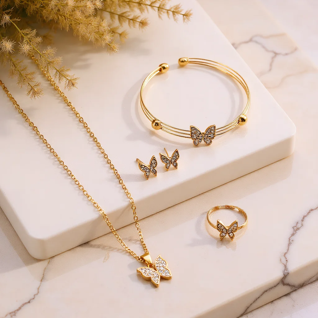 4pcs Elegant Vintage Jewelry Set for Women Golden Butterfly Necklace Shiny Crystal Choker Bridal Wedding Earrings Party