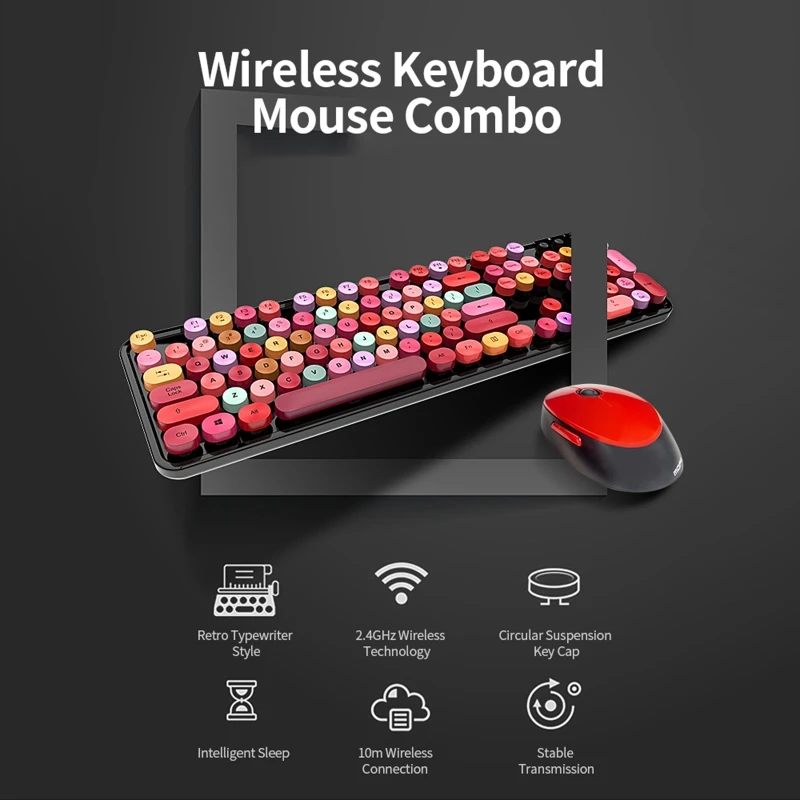 Sweet Keyboard Mouse Combo Mixed Color 2.4G Wireless Keyboard Mouse Set Circular Suspension for Key for PC Laptop