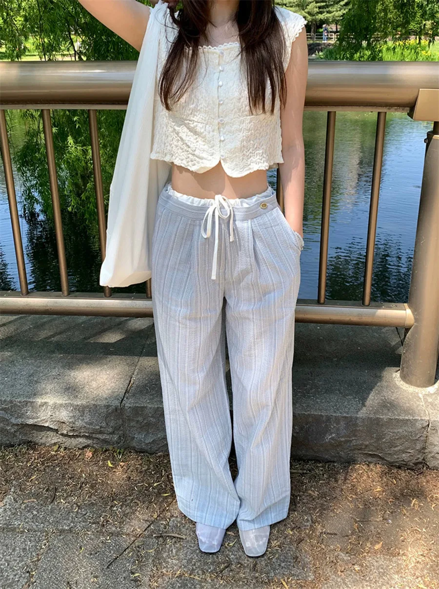 

Oxygen Sensation Cream Color Striped Casual Pants Women's New Splicing Belted Pleated Straight Leg Pants Skin-friendly Breath...