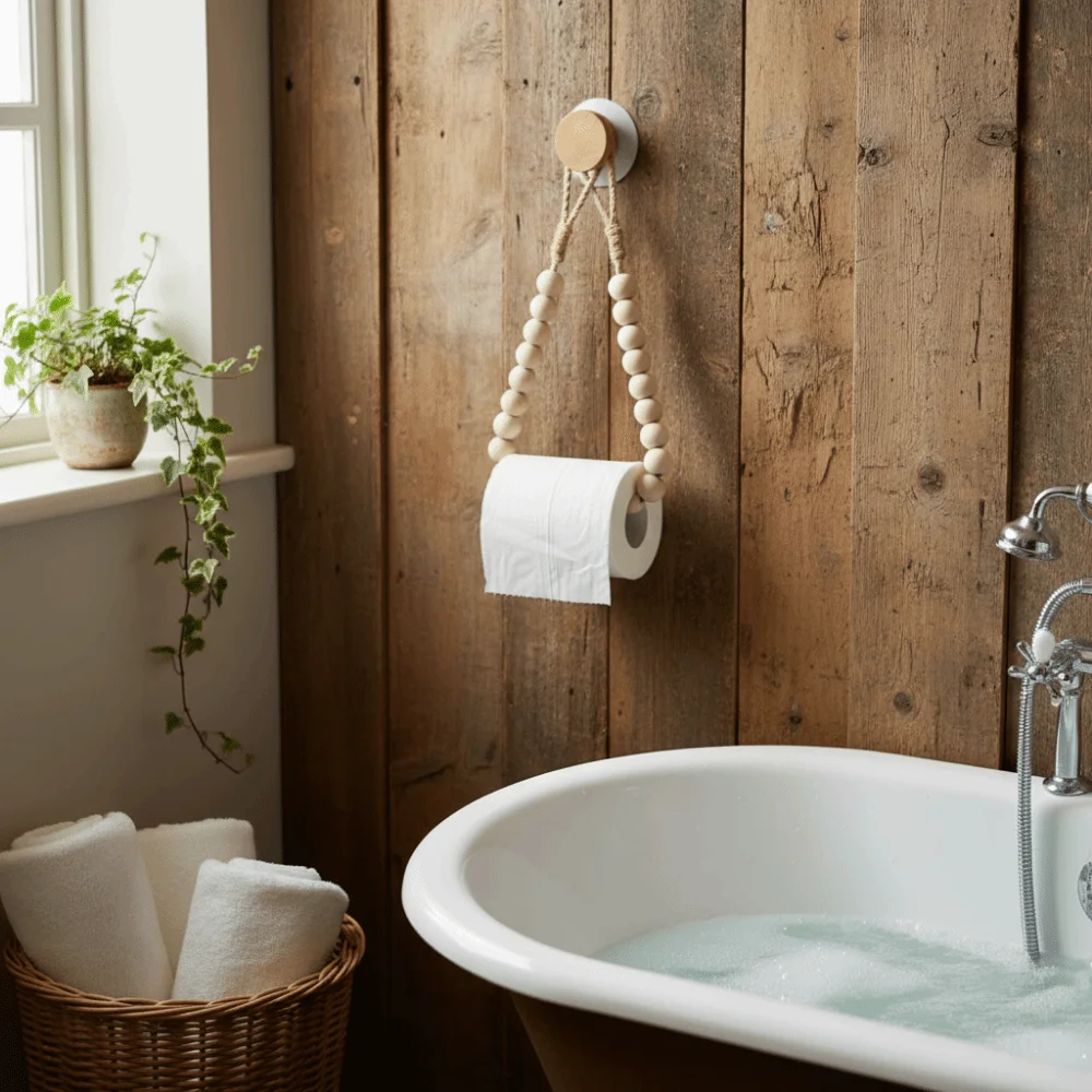 

Nordic Style Wood Tissue Holder Handwoven Rope String Bead Detail Roll Paper Holder Suction Cup Wall Mounted