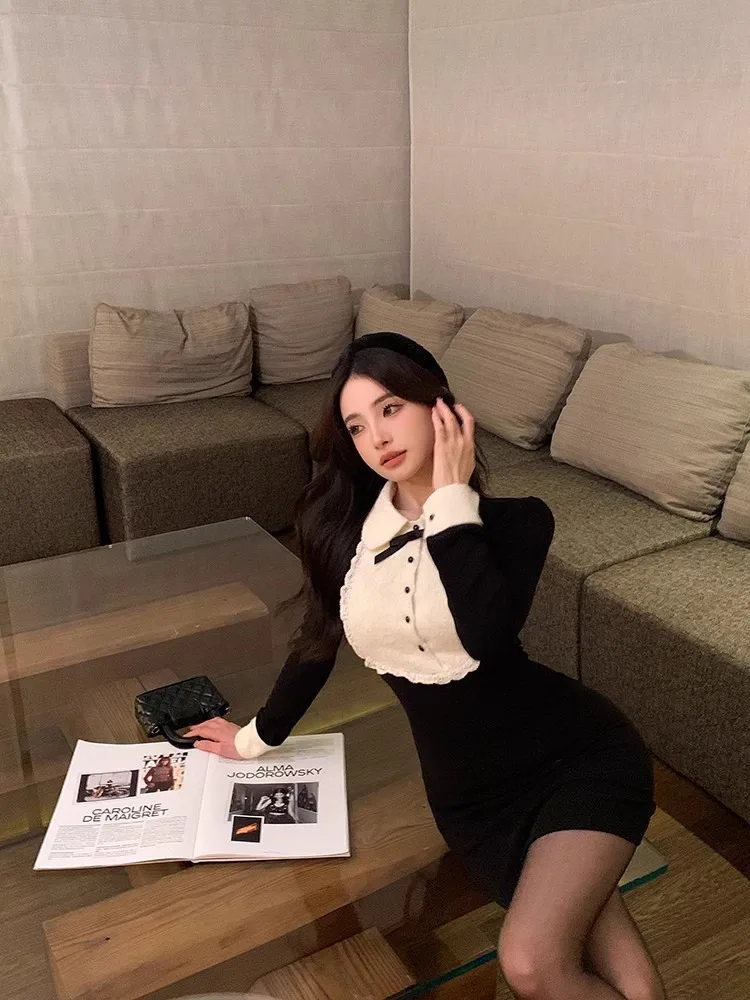 Sweet Black White Long Sleeve Sresses 2024 Spring New Slim Waist Dress for Women Y2k Grunge Fit Bodycon Vestidos Mujer