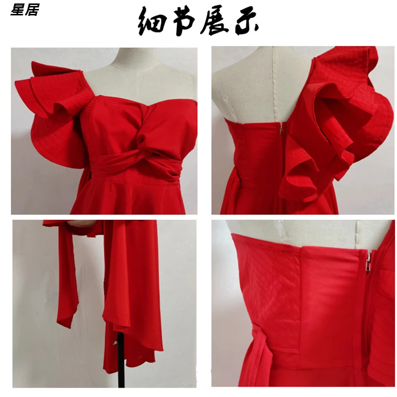 Xing Ju Kpop Women Group Stage Nightclub Red Off-Shoulder Irregular Dress Concert Outfits Rave Wear DJ Sexy Performance Costume - view 5