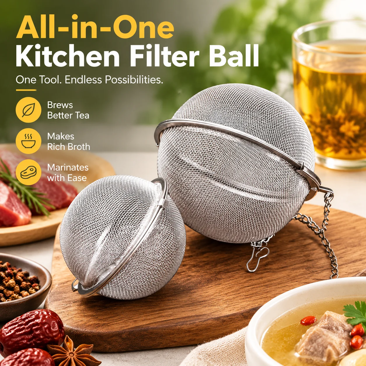 All-in-One Kitchen Filter Ball, 304 Stainless Steel Mesh Strainer for Brewing Tea, Making Broth, Marinating Meat, Hot Pot