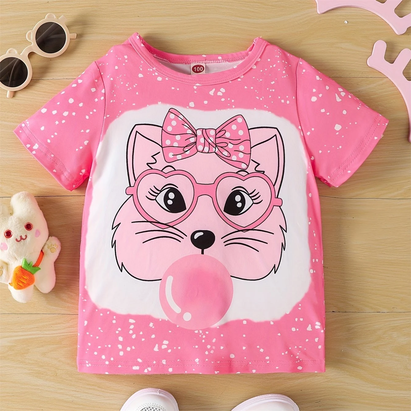 

2024 Girl Summer Toddler Girls T-Shirt Pink Cat 3D Graphic Tees Crew Neck Summer Tops for Kids Short Sleeve Clothing for Girls