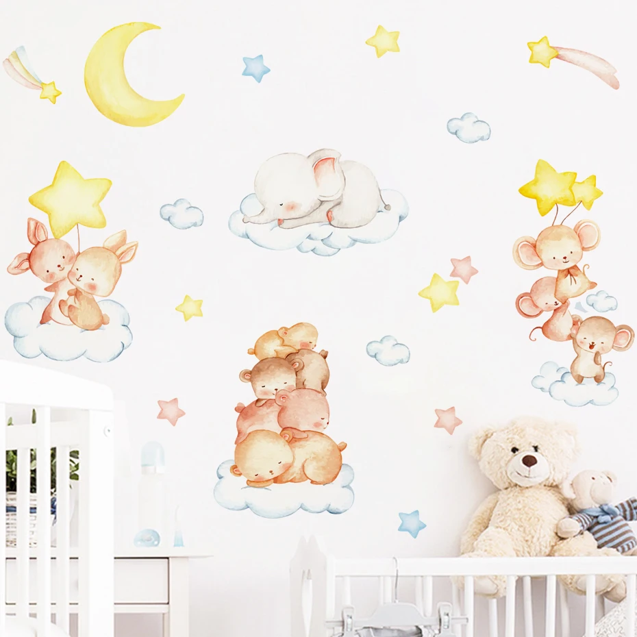 Cartoon Animals on clouds Moon Wall Stickers for Kids Room Children's Room Decoration Bedroom Wall Decals Baby Nursary Room