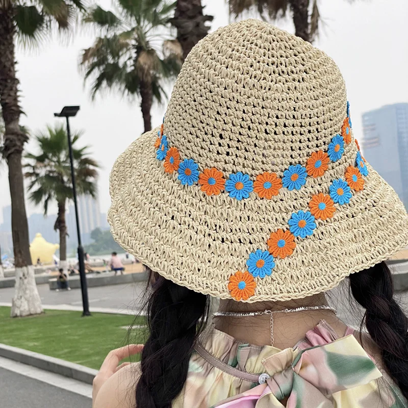 Topi jerami lebar bunga aster kecil korea topi Bucket pelindung matahari musim panas wanita topi matahari lipat luar ruangan pantai