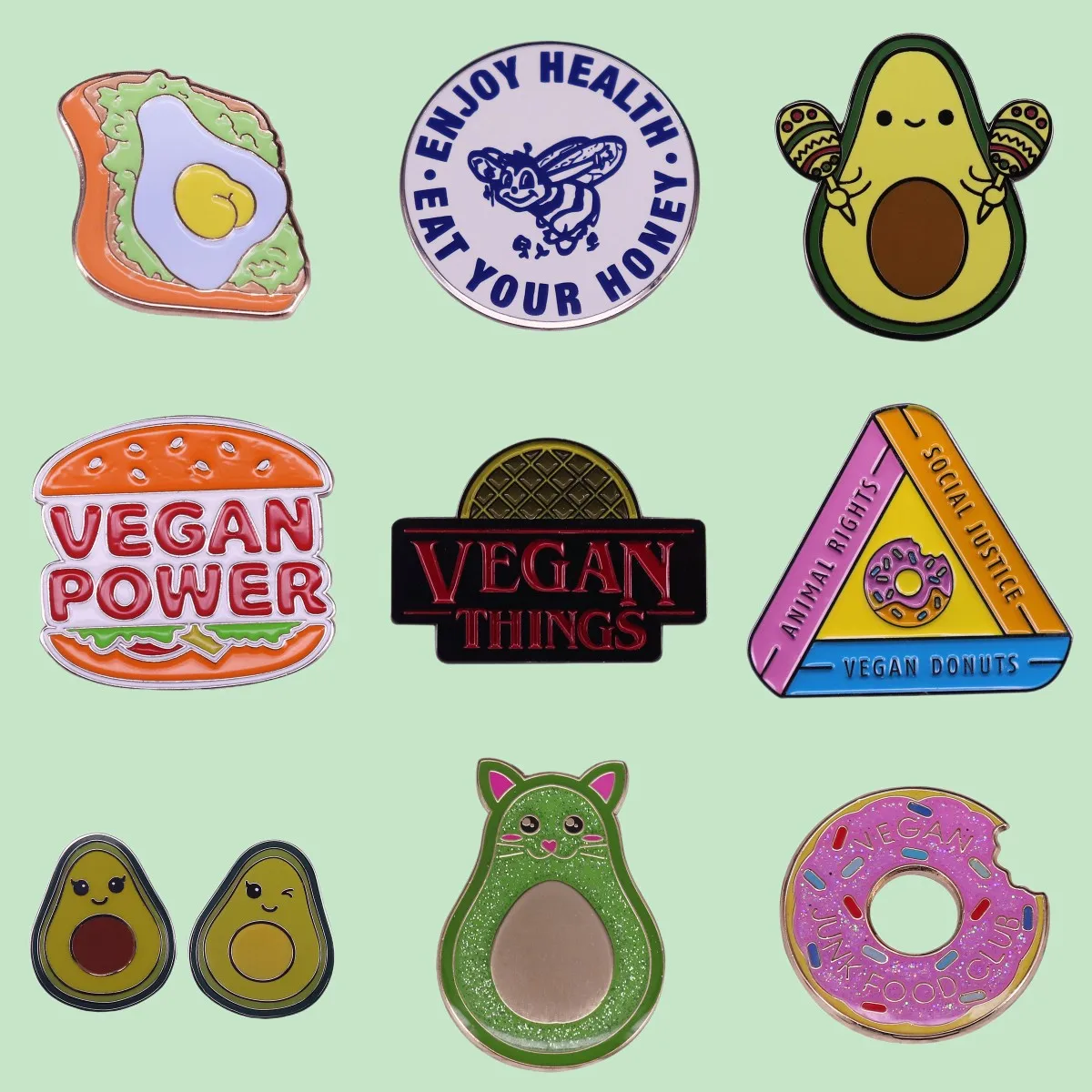 Pin de esmalte de vegetanismo, insignias de mochila de solapa, broches de dibujos animados encantadores, hamburguesa, Donut, tostada, aguacate, zanahoria, coño, verduras