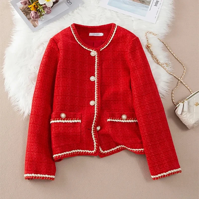 

Autumn Winter New Fragrant Style OL Rough Tweed Coat Women Red Black Beige Female Jackets