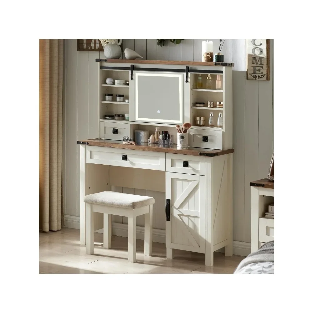 

with Sliding Mirror and Lights 42''Glass Tabletop Vanity Table with 2 Drawers & Shelves Stool Included, White