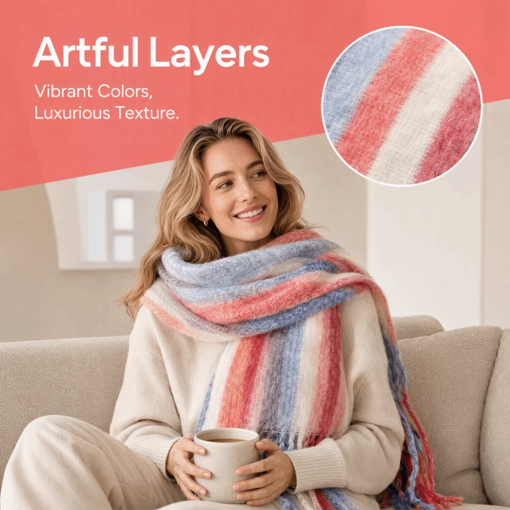 New Soft Grid Scarf Thickening Mohair Winter Cashmere Scarf Neck Warmer Rainbow Tassel Plaid Scarf for Autumn Winter