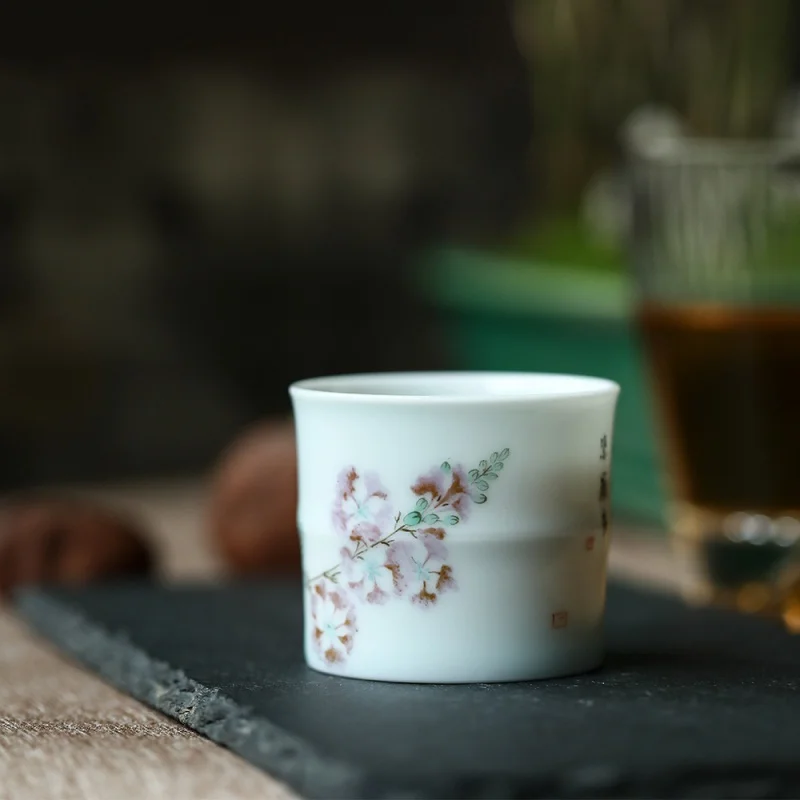 Jingdezhen Hand-Painted Crape Myrtle Flower Bamboo Joint Cup Lovely White Glaze Kung Fu Tea Cup Chinese Tea Cup Master Cup Singl