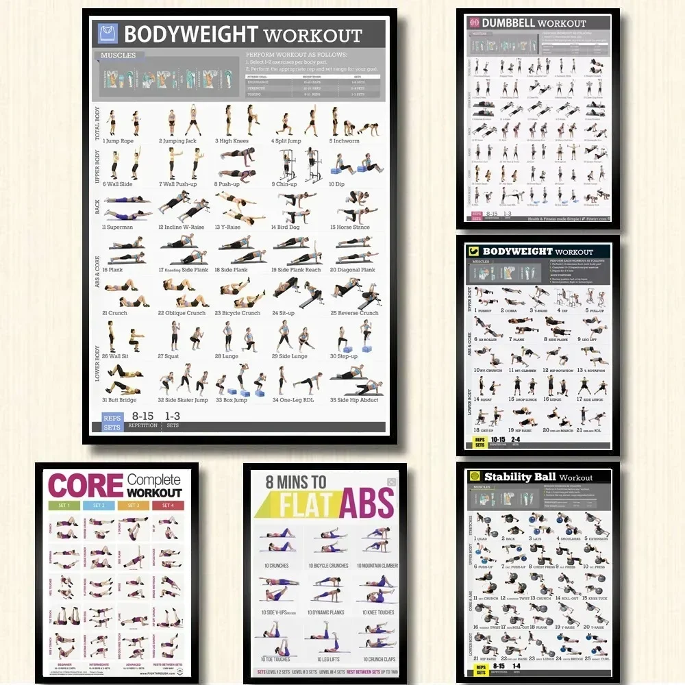 Dumbbell Workout Bodybuilding Exercise Bodyweight Chart Yoga GYM Poster Prints Wall Art Canvas Painting Room Home Decor