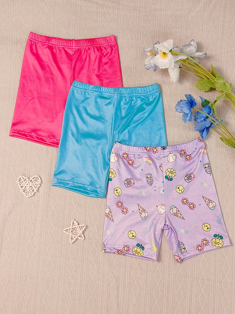 

3PCS Summer Girl Casual Cute Shorts Digital Printing Solid Color Pants Pajama Sports Leisure Casual for 4-7T Childrens Girls