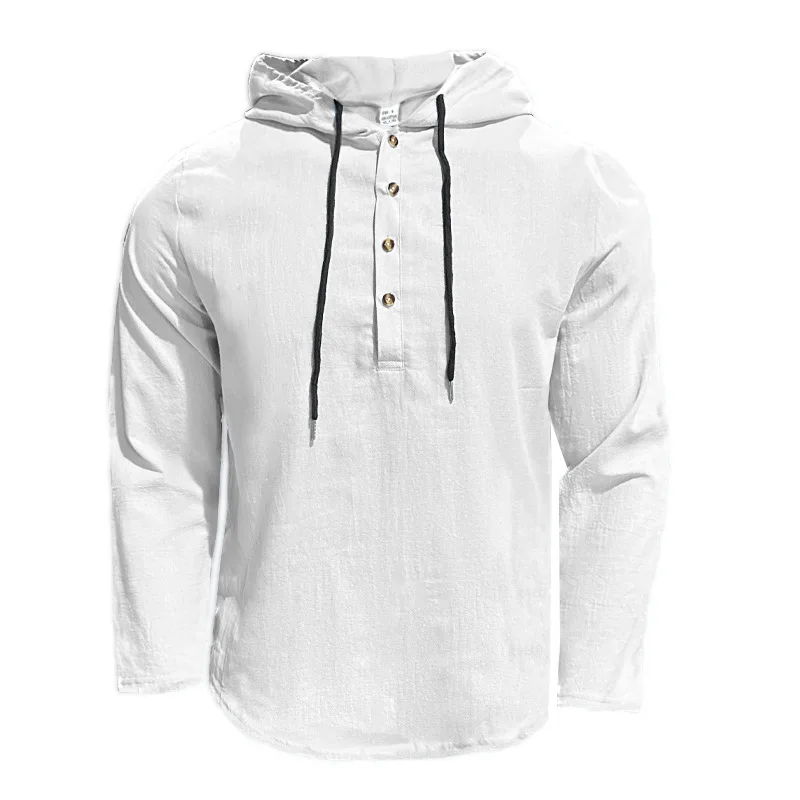 2024 New Cotton and Linen Shirt Men's Hooded Loose Large Size Casual Long-Sleeved Solid Color Button Men's Clothing Promotion
